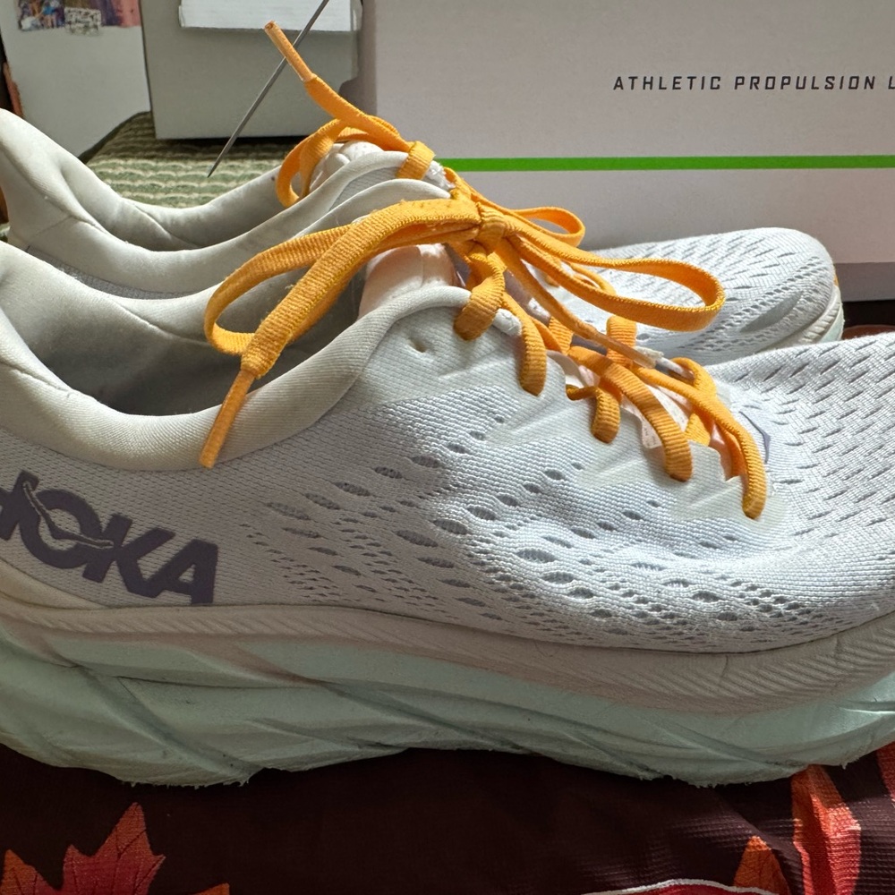 Hoka Clifton 8 White and Yellow Sneakers